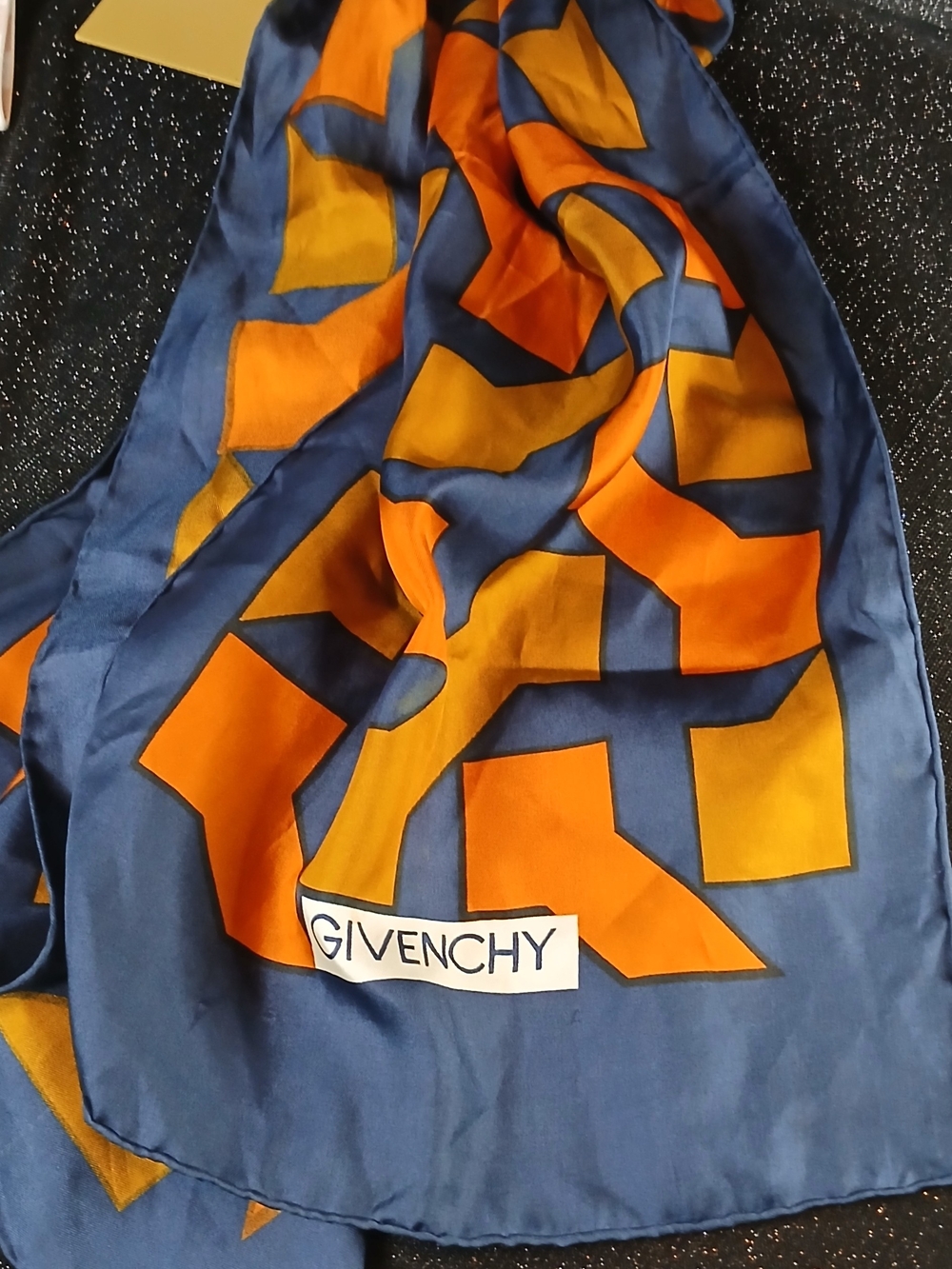 Vintage Givenchy Unisex Navy Orange Mustard Gold 100% Silk Scarf Geometric